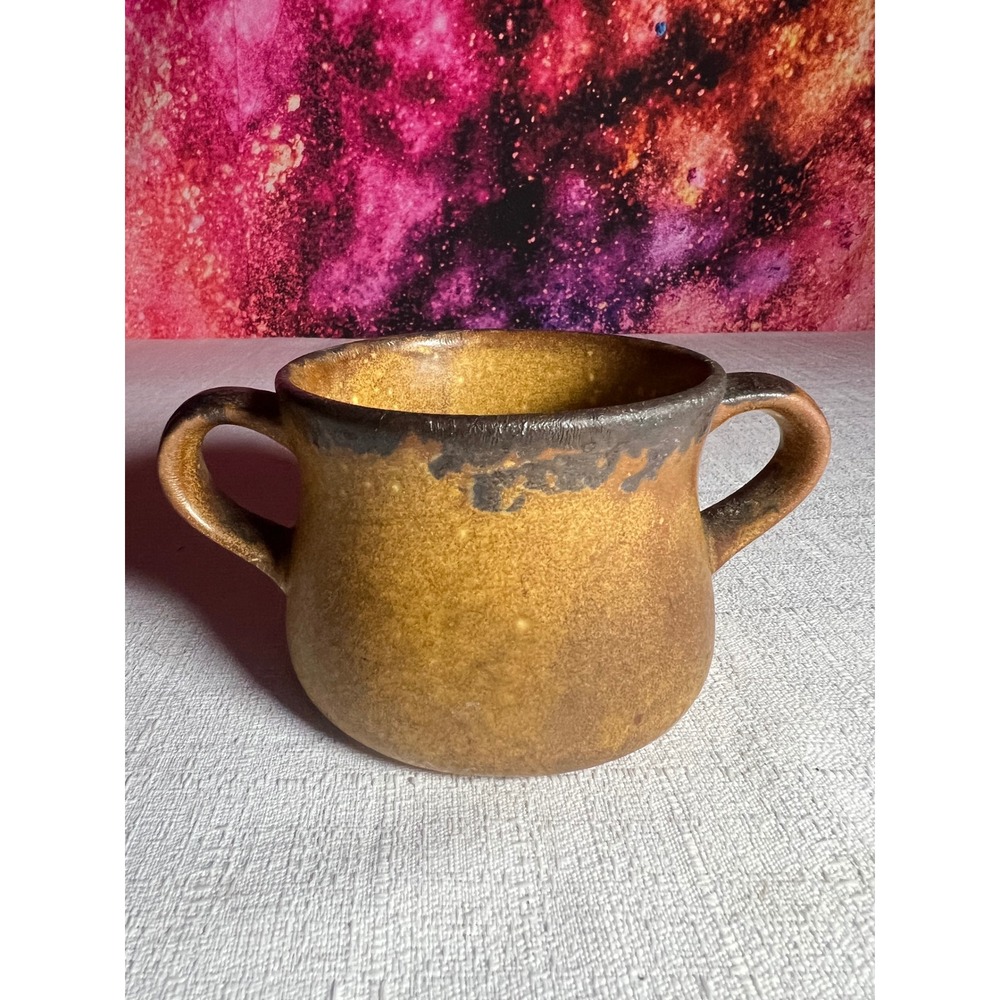 Vintage McCoy USA Pottery Two Handled Sugar Bowl Brown Speckled Glaze 3.25in
